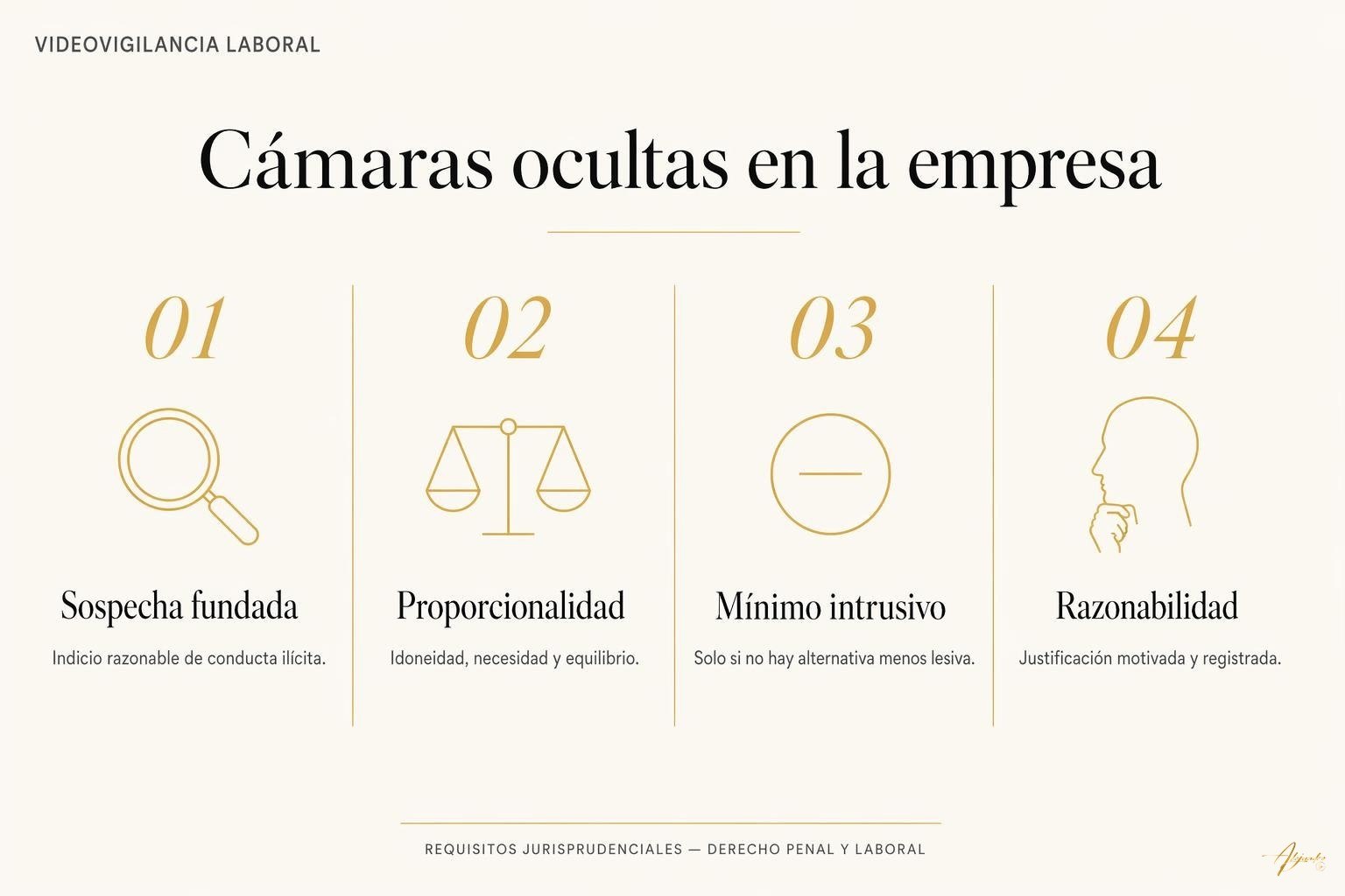 ¿Es legal instalar cámaras ocultas en tu empresa? 1 ¿Es legal instalar cámaras ocultas en tu empresa? Esquema editorial con los cuatro requisitos legales clave para instalar cámaras ocultas en la empresa: sospecha fundada, proporcionalidad, mínimo intrusivo y juicio de razonabilidad.