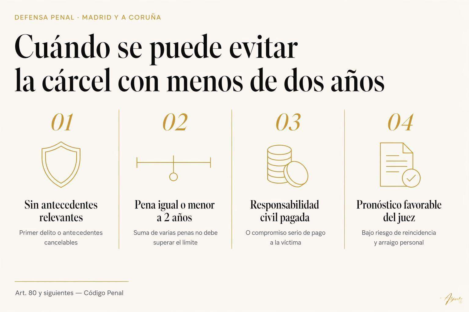 ¿Entras a la cárcel si te condenan a menos de dos años? 1 ¿Entras a la cárcel si te condenan a menos de dos años? Esquema editorial de los cuatro requisitos para evitar la cárcel con condena de prisión menor a dos años en España