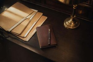 Mesa de despacho con expedientes apilados, cuaderno y lámpara de banquero, evocando un caso de concurso real de delitos en derecho penal