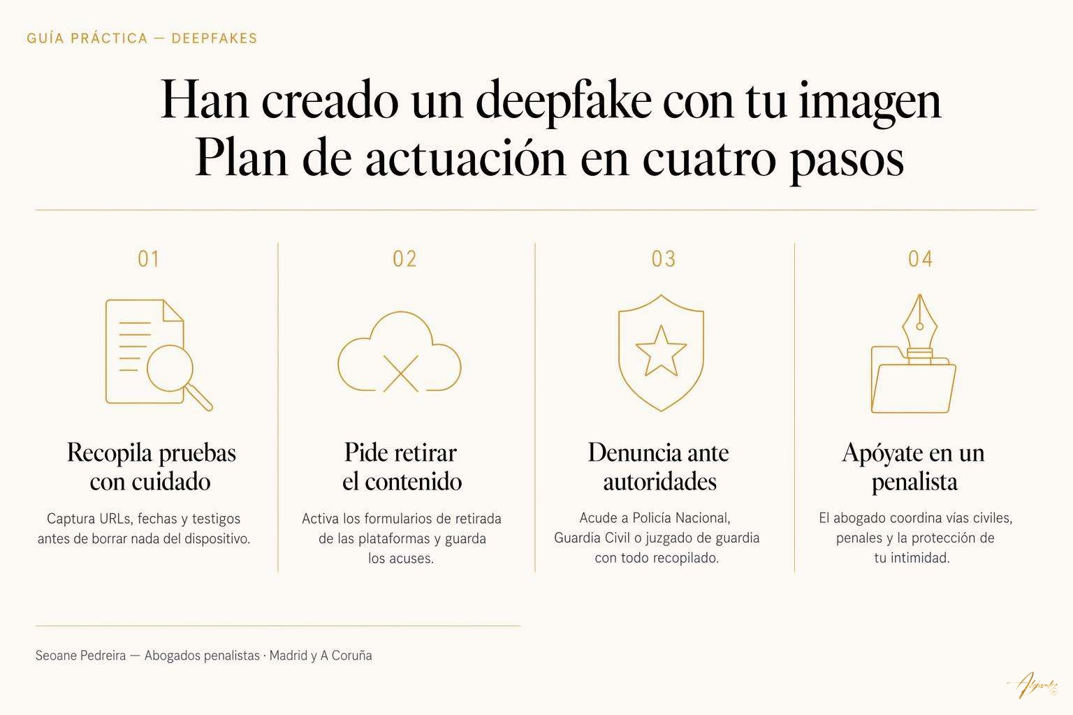 Han creado un deepfake con mi imagen: qué hacer y cómo denunciarlo 1 Han creado un deepfake con mi imagen: qué hacer y cómo denunciarlo Plan de actuación en cuatro pasos ante un deepfake con tu imagen: pruebas, retirada, denuncia y abogado penalista