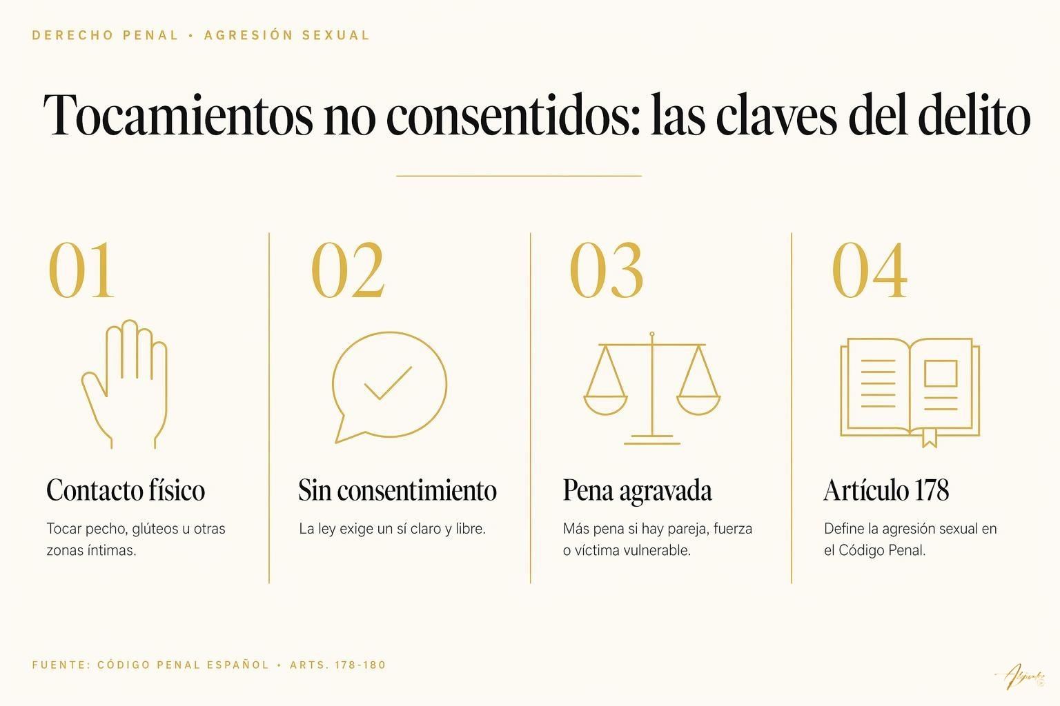 ¿Es delito tocar el pecho a una chica? Implicaciones legales 1 ¿Es delito tocar el pecho a una chica? Implicaciones legales Esquema de los cuatro elementos del delito de agresión sexual por tocamientos según el artículo 178 del Código Penal.