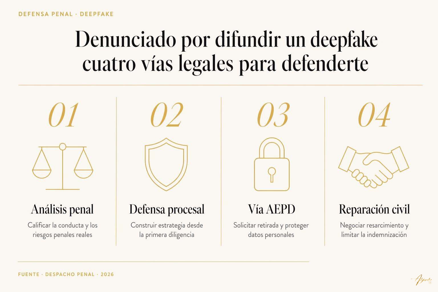 Denunciado por difundir un deepfake: opciones legales y cómo actuar 1 Denunciado por difundir un deepfake: opciones legales y cómo actuar Cuatro vías legales para defenderse de una denuncia por difundir un deepfake: análisis penal, defensa procesal, vía AEPD y reparación civil.