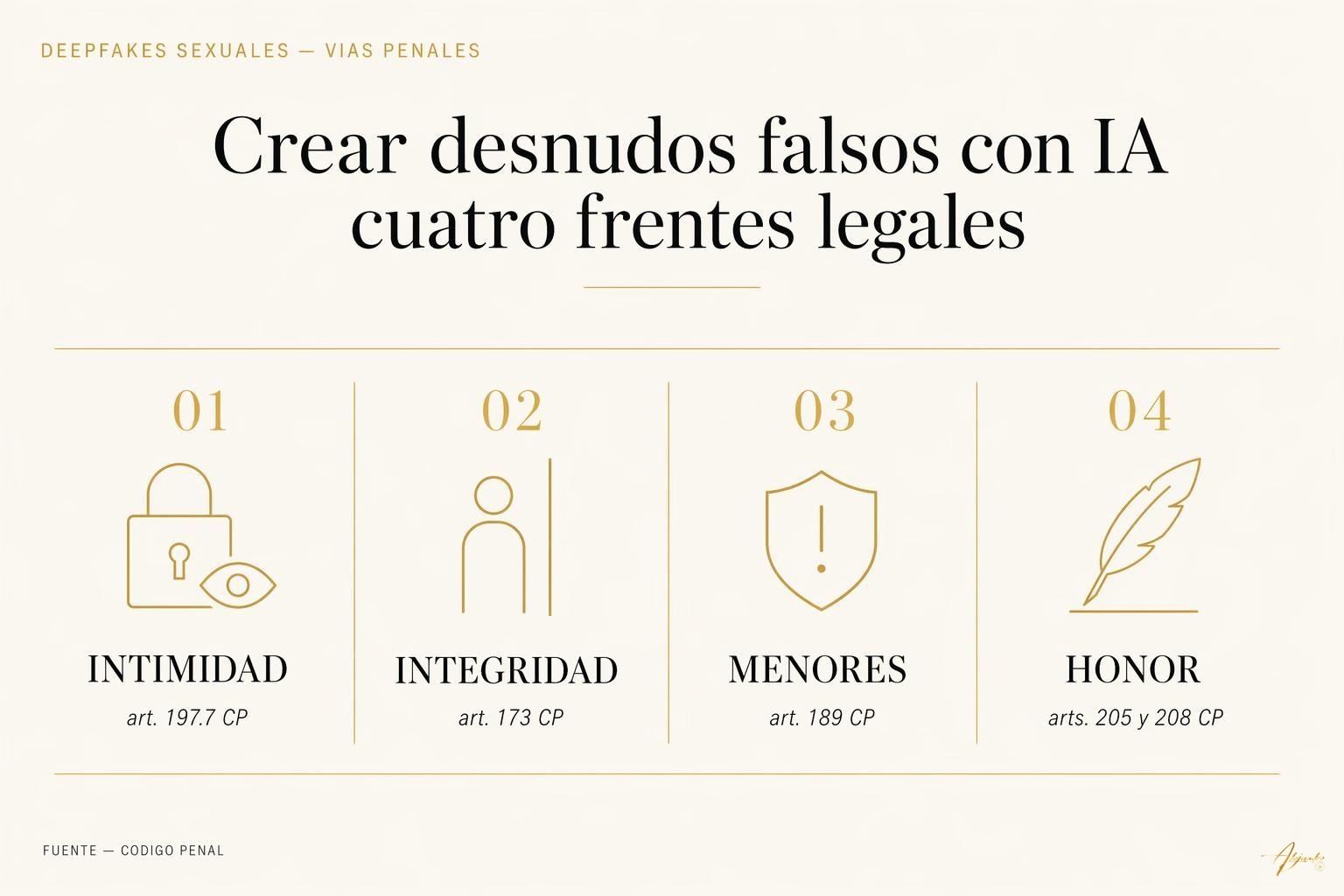 Crear desnudos falsos con IA: penas en España, multas y delitos 1 Crear desnudos falsos con IA: penas en España, multas y delitos Esquema de los cuatro frentes penales por crear desnudos falsos con IA: intimidad, integridad moral, pornografia infantil y honor