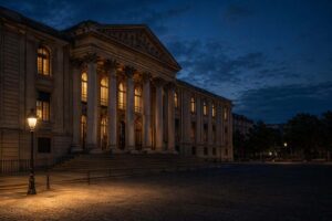 Fachada nocturna de edificio judicial neoclásico iluminada desde el interior, evocando la gravedad de los delitos graves del Código Penal