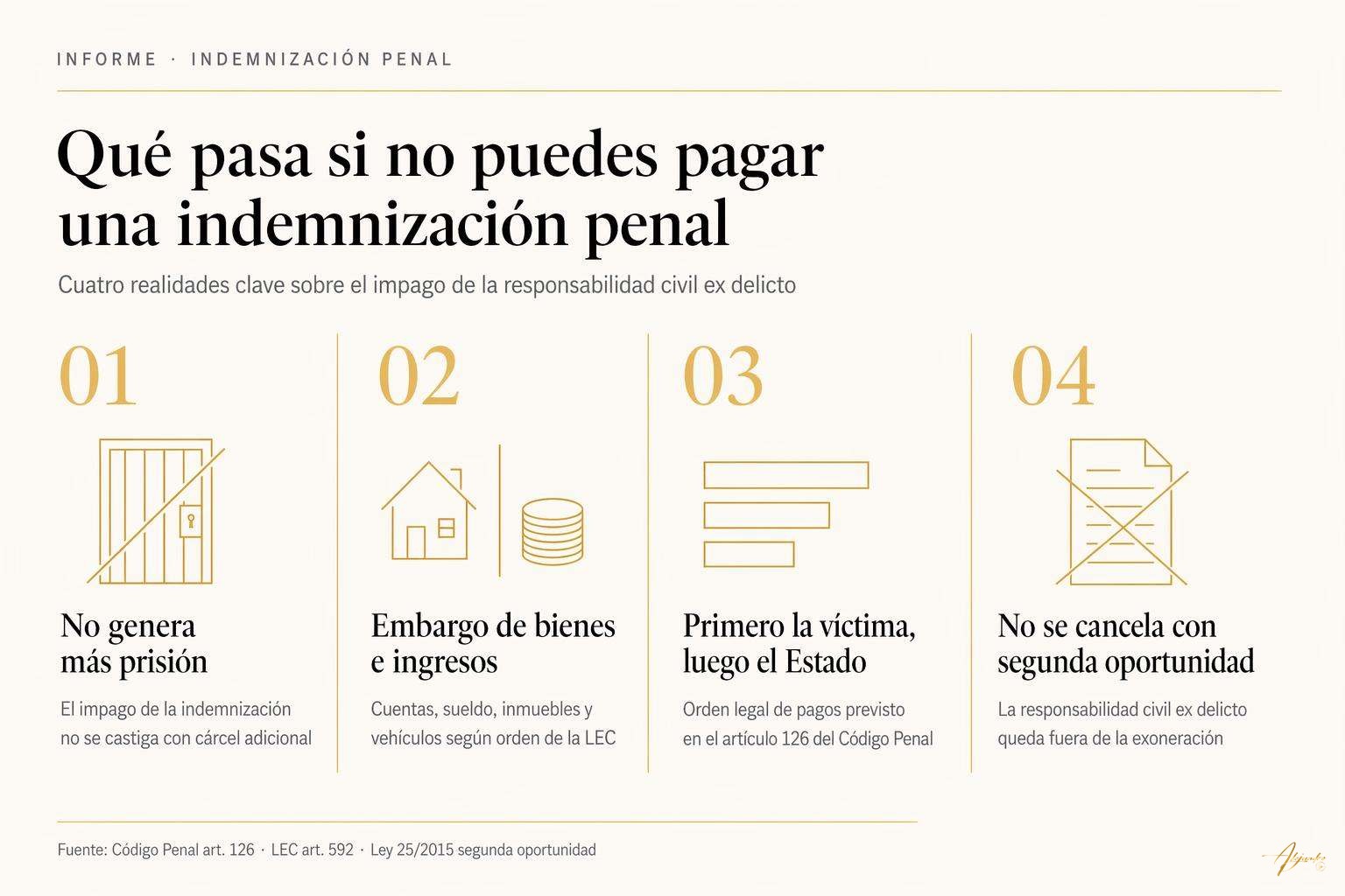 ¿Qué pasa si no tengo dinero para pagar una indemnización penal? 1 ¿Qué pasa si no tengo dinero para pagar una indemnización penal? Esquema editorial con cuatro consecuencias del impago de una indemnización penal: ausencia de cárcel, embargo, orden de pagos y segunda oportunidad.