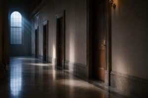 Pasillo institucional vacío al amanecer con luz lateral fría, evocando la garantía constitucional del habeas corpus en derecho penal