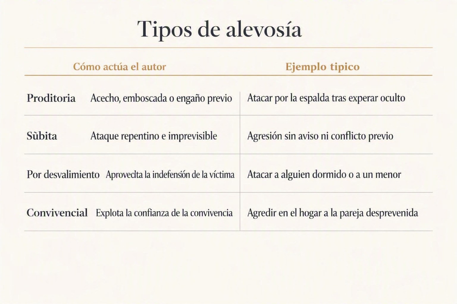 Tipos de alevosía: clases, ejemplos y penas en el Código Penal 1 Tipos de alevosía: clases, ejemplos y penas en el Código Penal Tipos de alevosía: clases, ejemplos y penas en el Código Penal